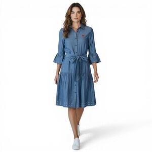 Derek Lam 10 Crosby Chambray Shirt Dress Belted Ruffle Sleeve Upcycled patch